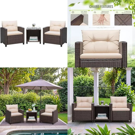 Patio Furniture Set 3 Piece PE Rattan Chairs Glass Table