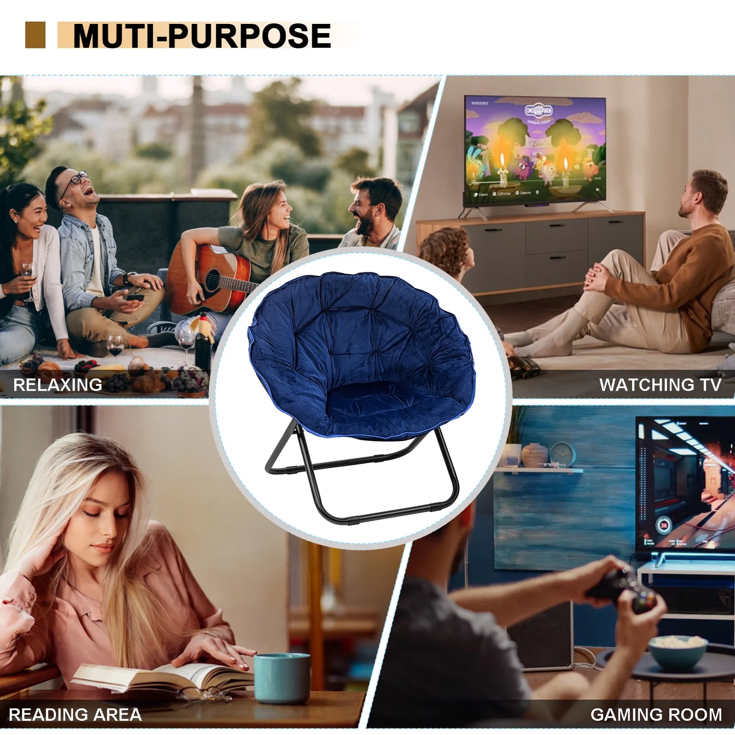 Grezone Round Foldable Saucer Chair Moon Chair Metal Frame