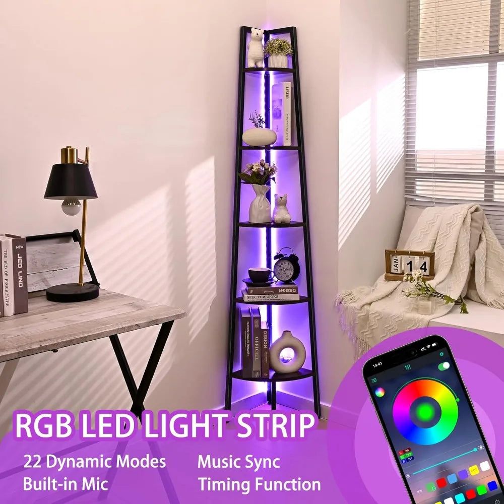 Five Tier Corner Bookshelf With LED Light Tall Steel Frame