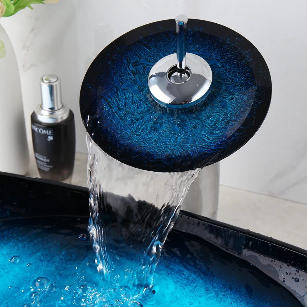 Torayvino Glass Bathroom Vessel Sink With Waterfall Faucet