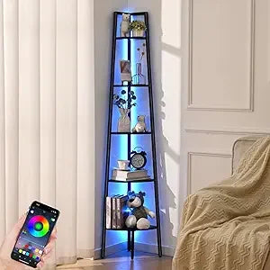 Five Tier Corner Bookshelf With LED Light Tall Steel Frame