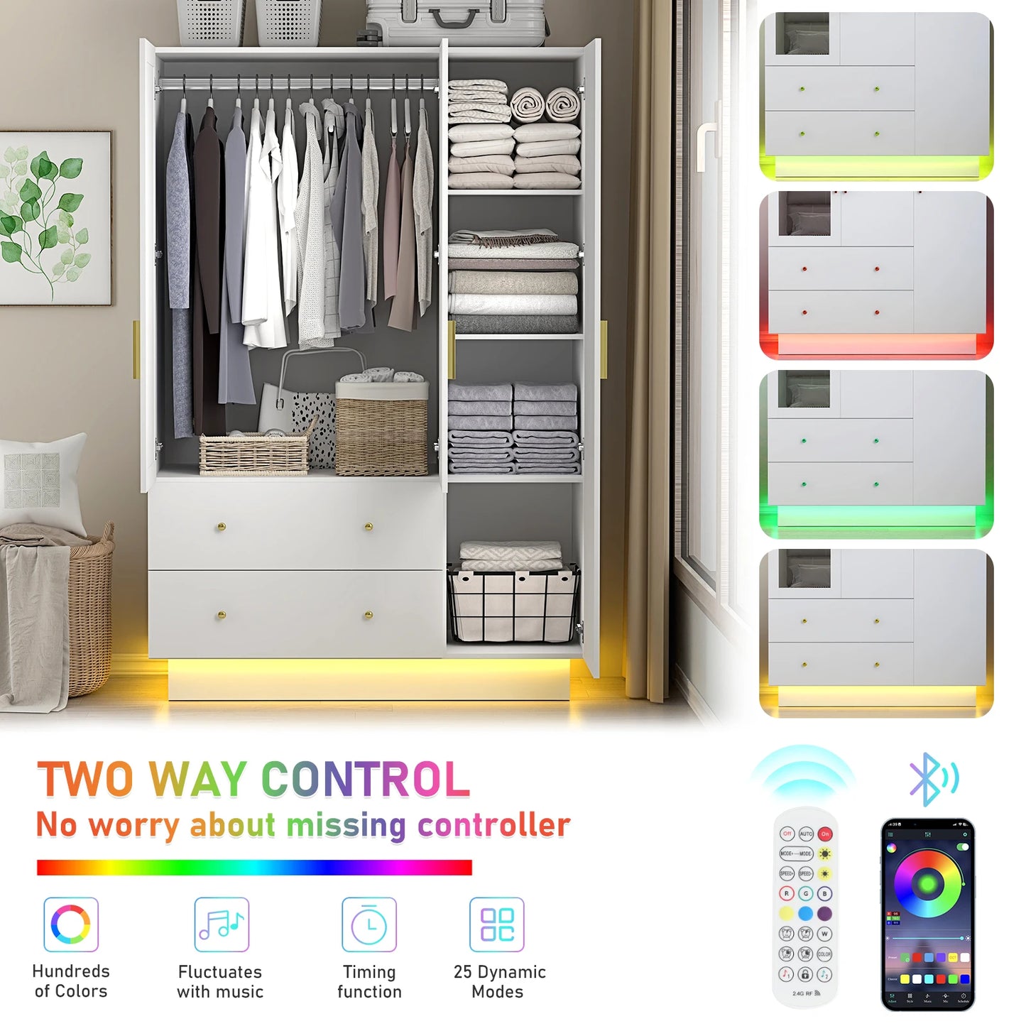 QiaoShiRen Modern Wooden Armoire Wardrobe Mirror Lights