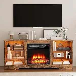 Electric Fireplace TV Stand With LED Lights And Shelves