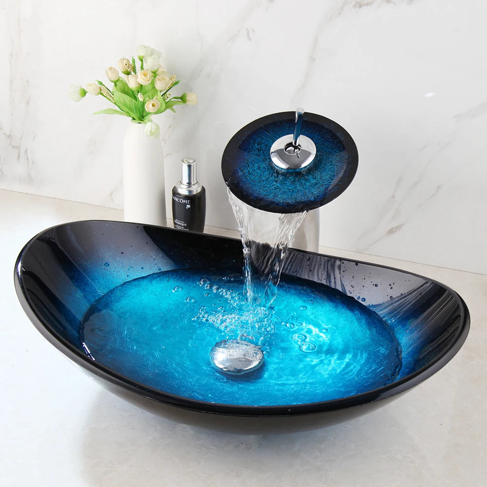 Torayvino Glass Bathroom Vessel Sink With Waterfall Faucet