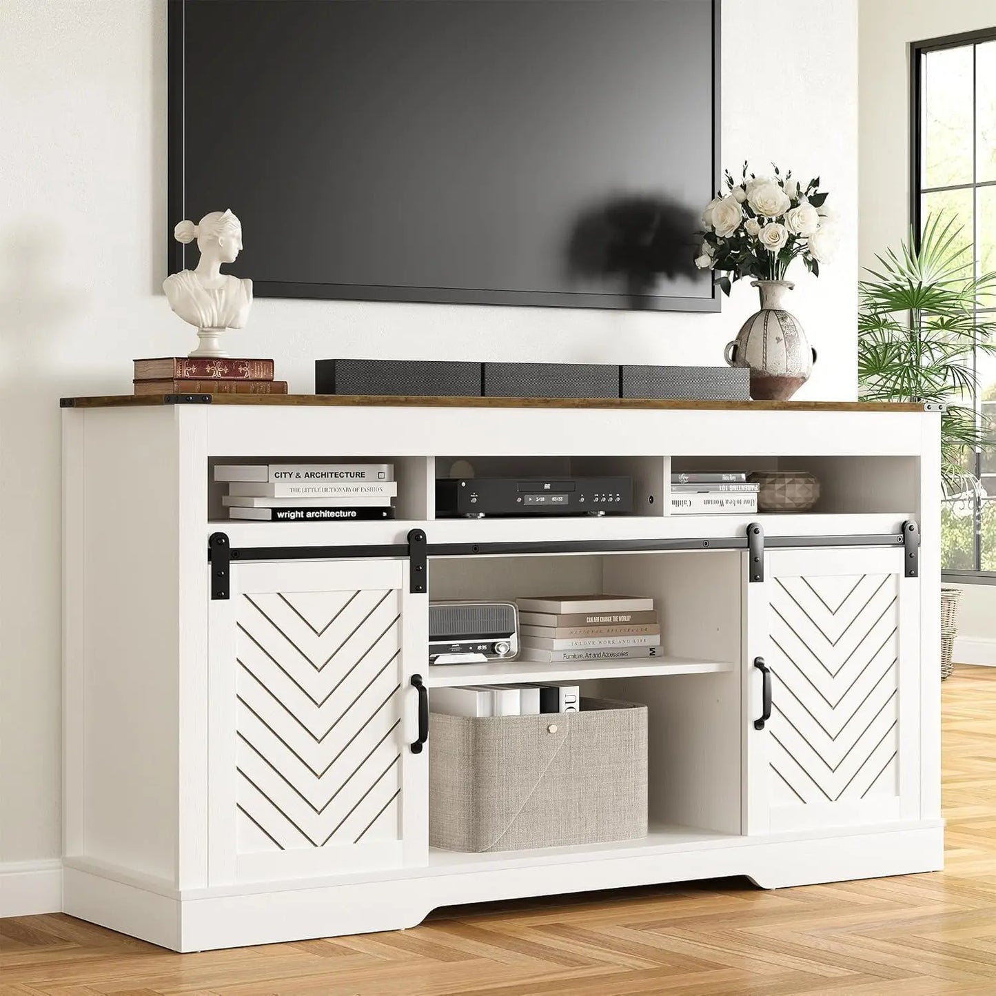 Angduo Farmhouse TV Stand With Sliding Barn Door Storage