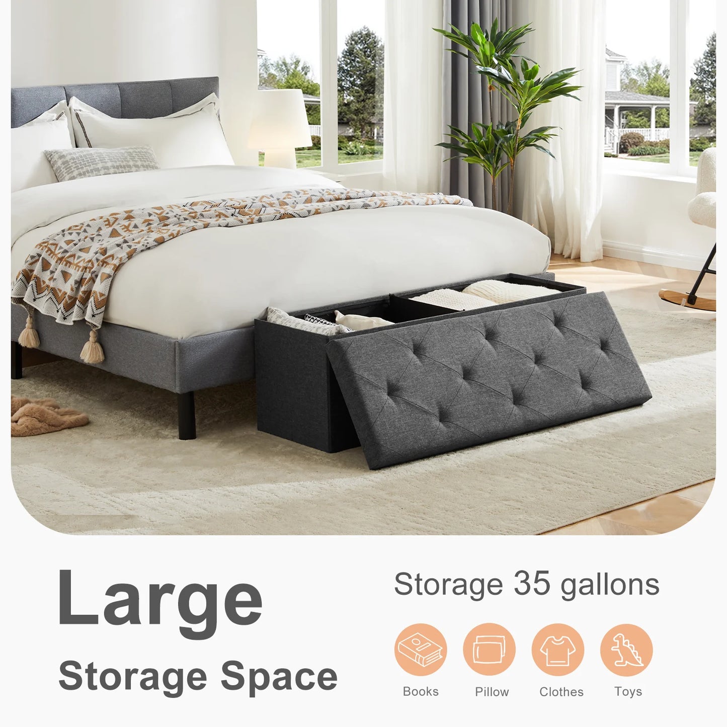 JHK Hidden Storage Footstool Bench Linen Fabric Ottoman ToyBox EffortlessAssembly