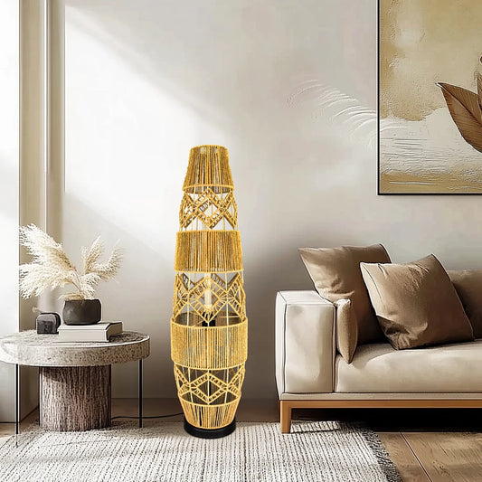 Vrygle Boho Rattan Floor Lamp Handwoven LED Light Bar