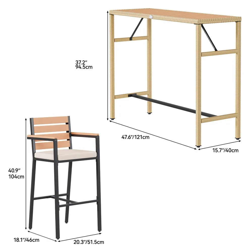 Patio Bar Table Set 3 Piece Wicker Garden Bistro Furniture
