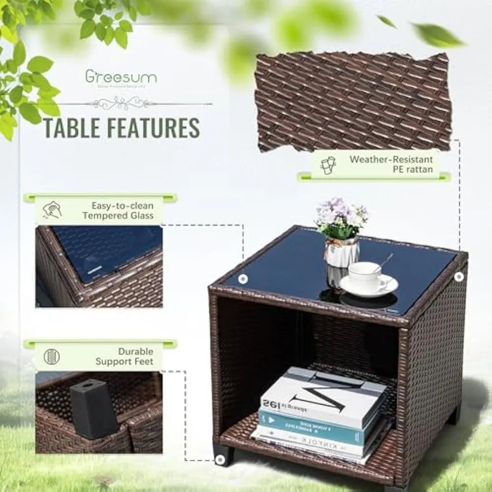 Patio Furniture Set 3 Piece PE Rattan Chairs Glass Table