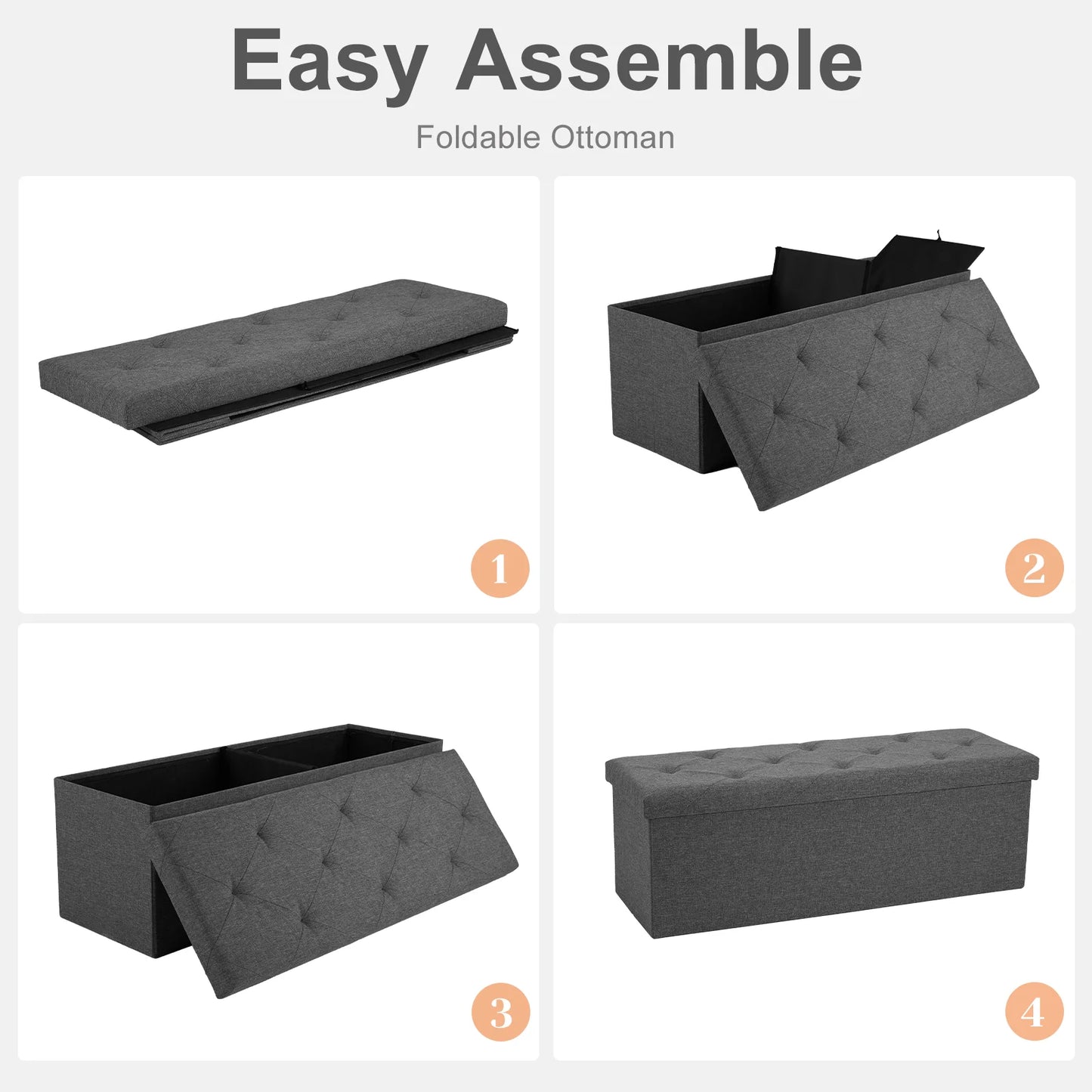 JHK Hidden Storage Footstool Bench Linen Fabric Ottoman ToyBox EffortlessAssembly