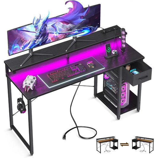 ANGDUO Gaming Desk With LED Lights And Power Outlet