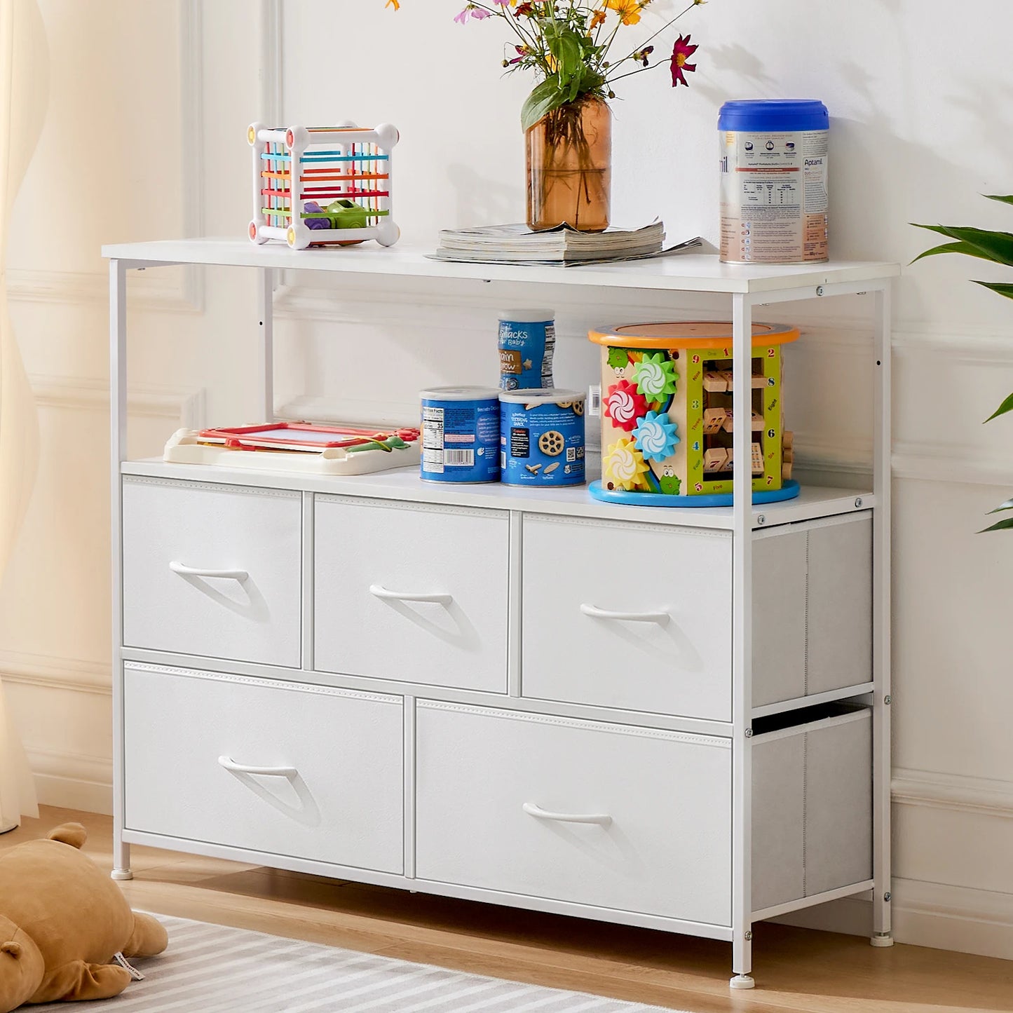 JHK Fireplace TV Stand Dresser With Five Fabric Drawers