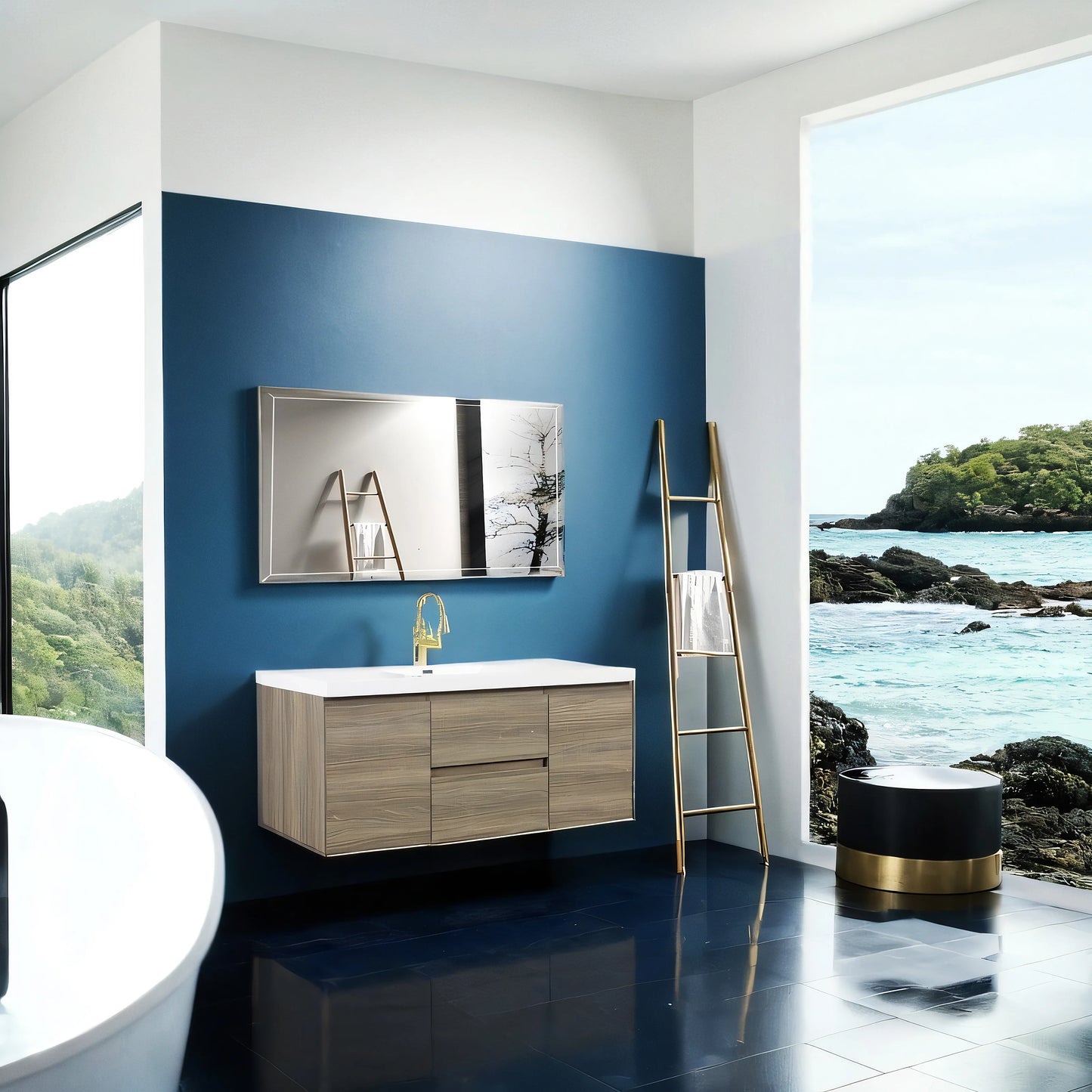 60" Floating Bathroom Vanity with Sink, Modern Wall-Mounted Bathroom Storage Vanity Cabinet with Resin Top Basin and Soft Close