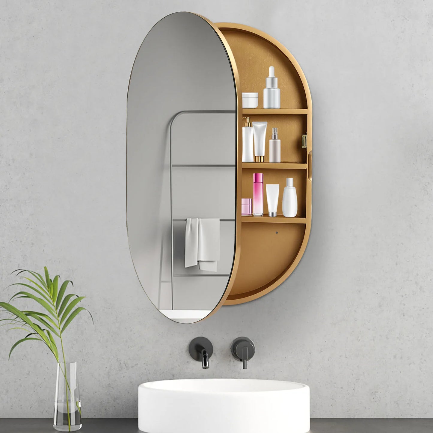 3-Tier Wall Mounted Mirror Cabinet Oval Cabinet Bathroom Mirror for Storage