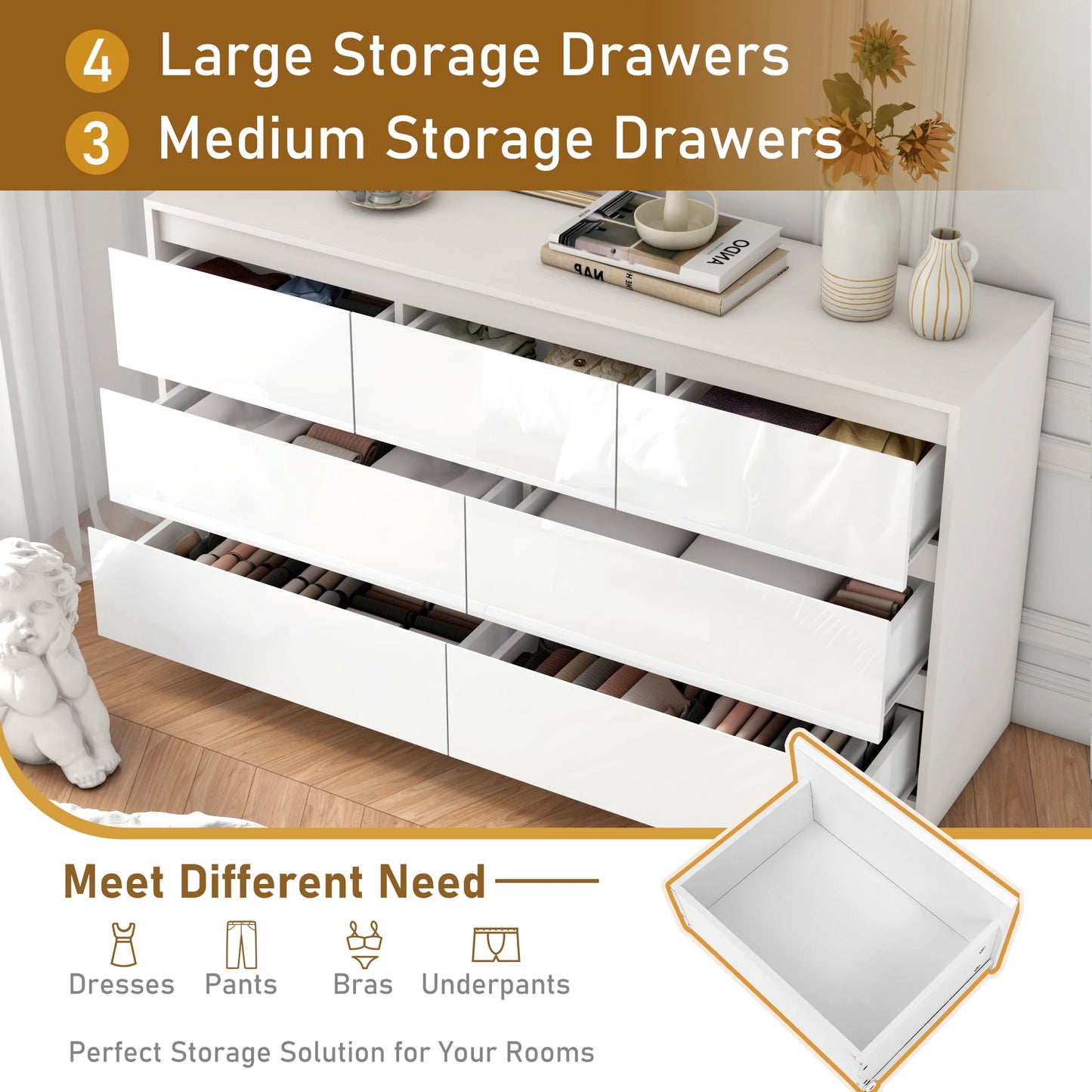 QiaoShiRen 7 Drawer Dresser For Bedroom With Modern High Gloss Fronts And Wood Chest Storage