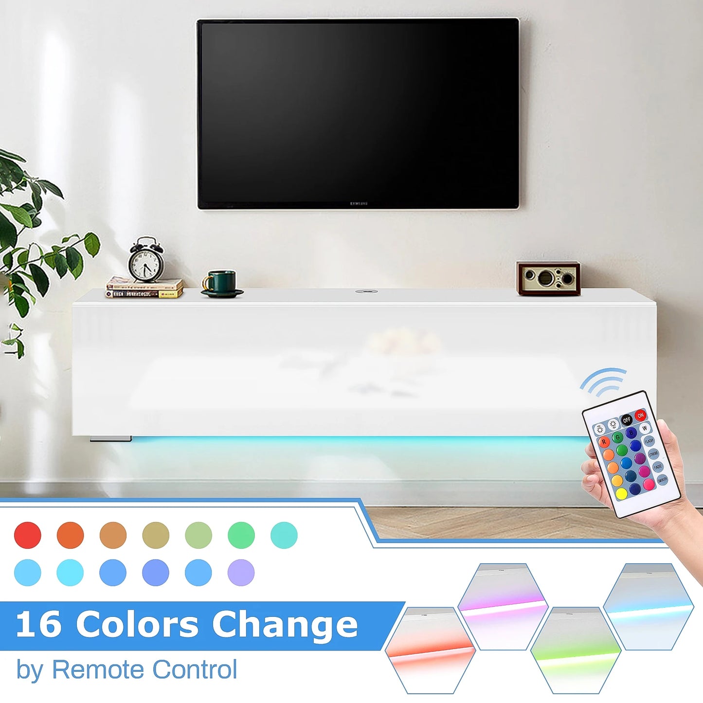 Floating Wall Mounted TV Stand With LED Lighting White