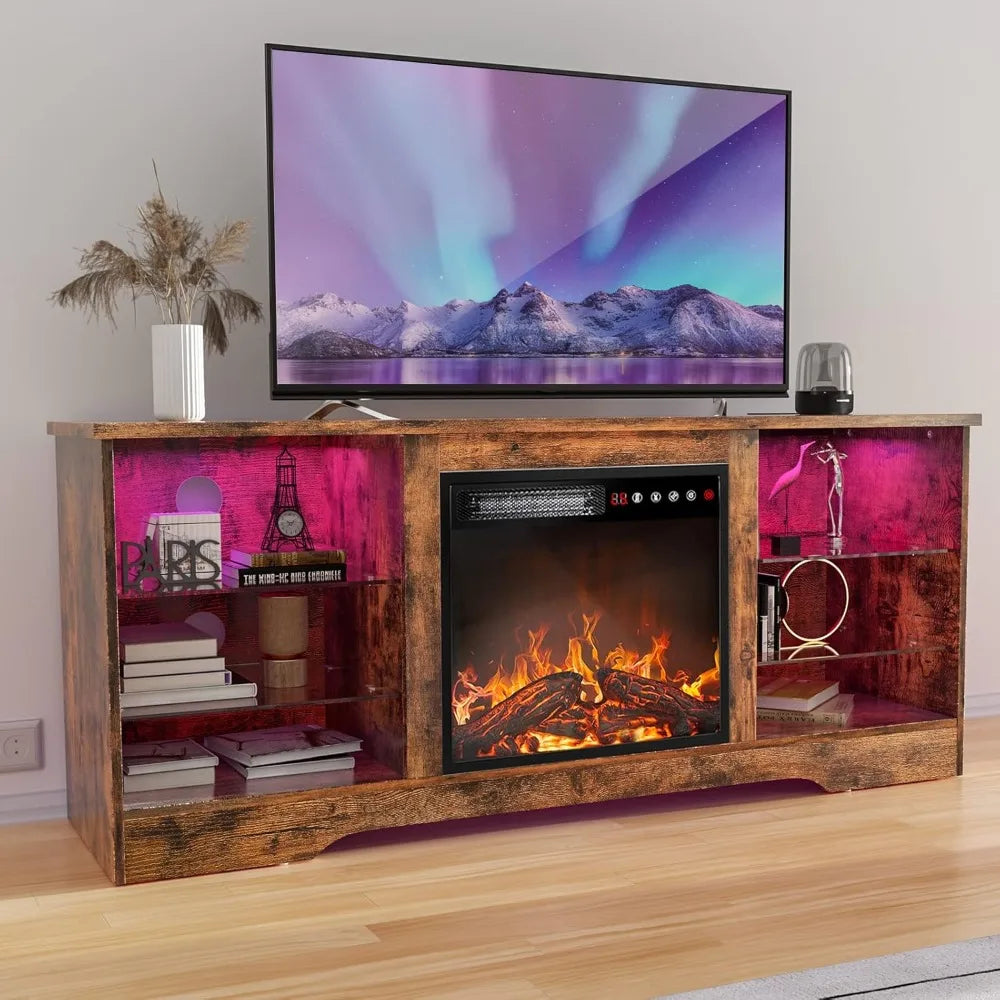 RBXCHign Fireplace TV Stand With Glass Shelves Center
