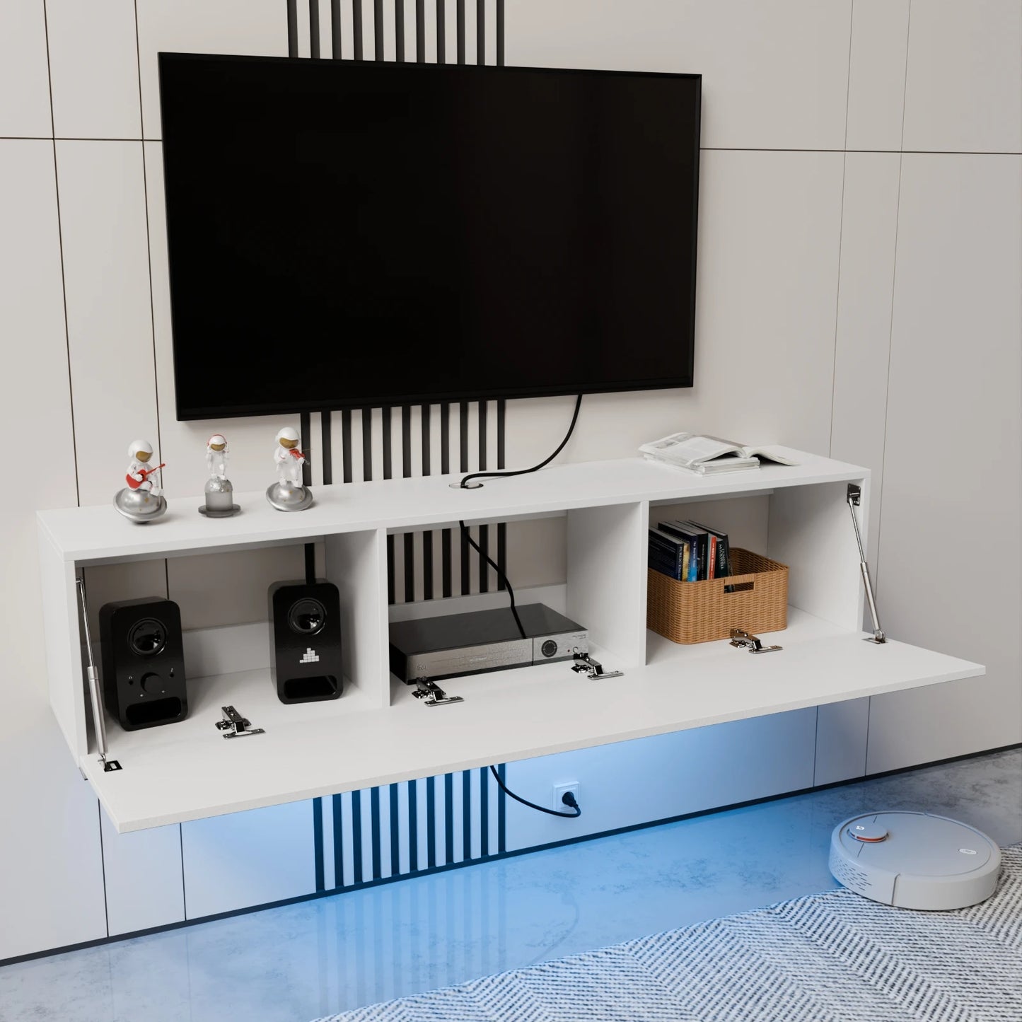 Floating Wall Mounted TV Stand With LED Lighting White