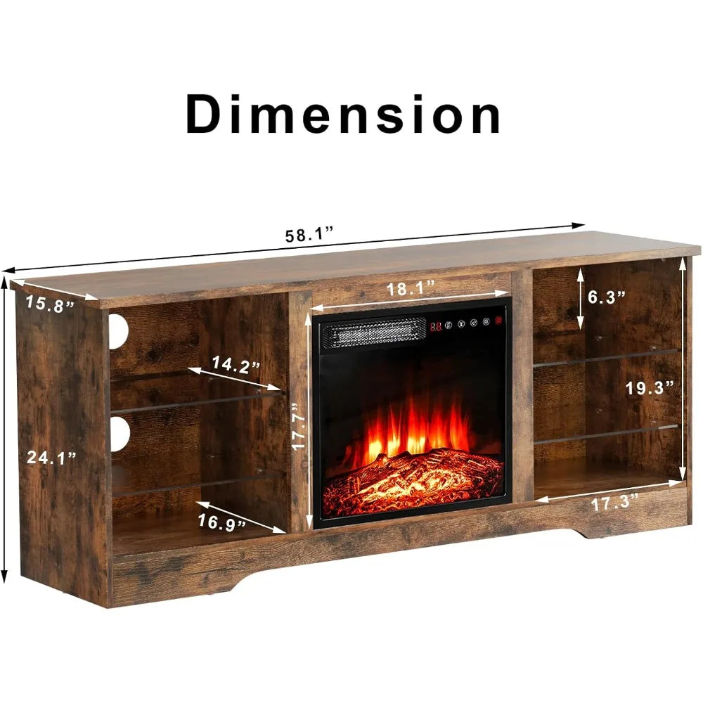 Electric Fireplace TV Stand With LED Lights And Shelves
