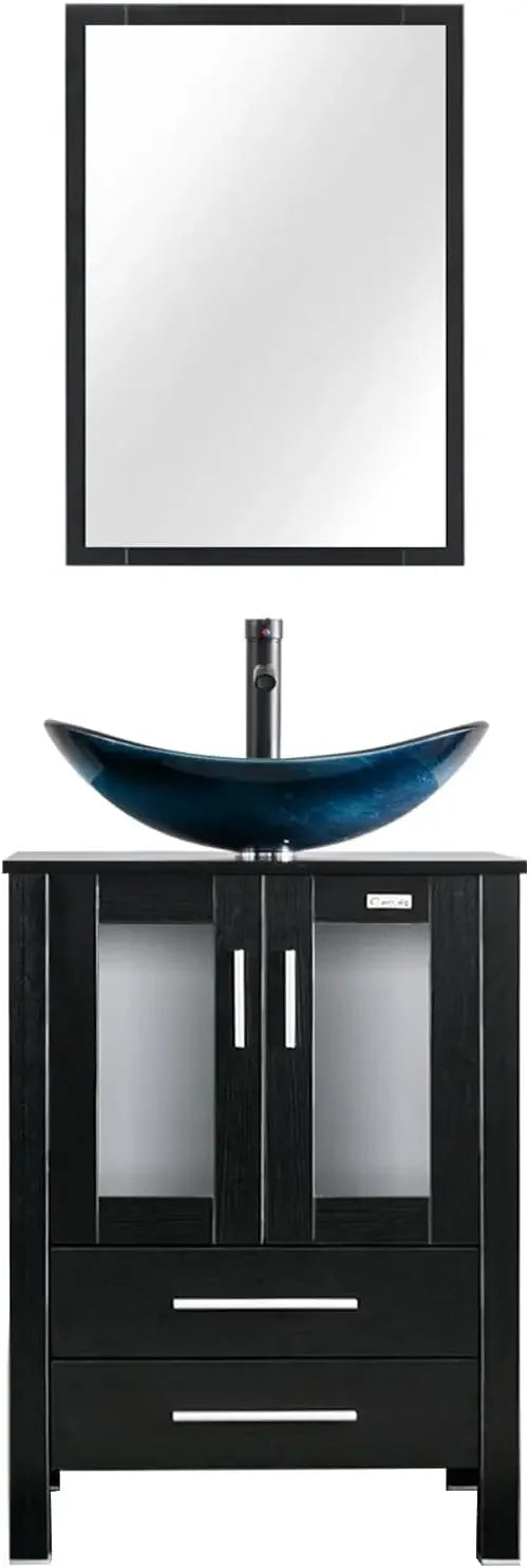 XMSJ Modern Vanity Sink With Tempered Glass Vessel Faucet