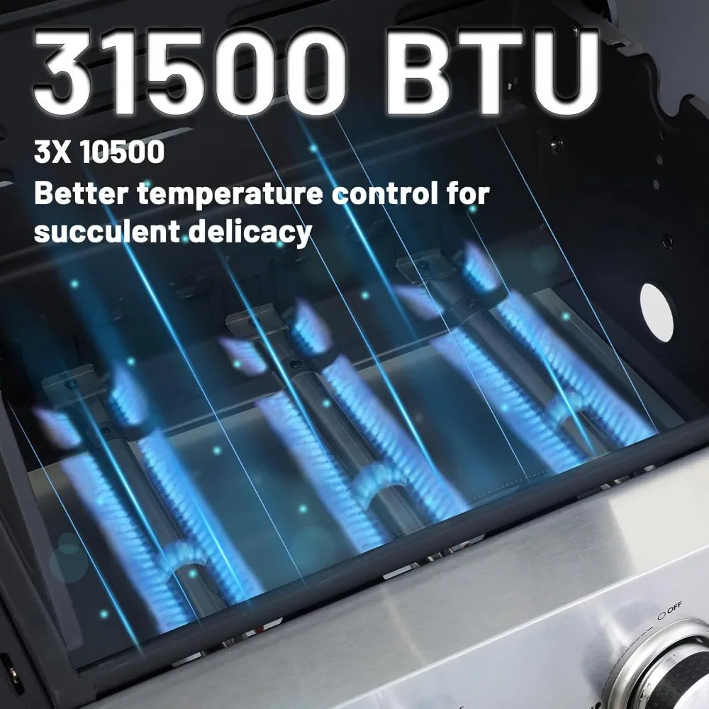 Three Burner Propane Gas BBQ Grill 40500 BTU Rain Cover