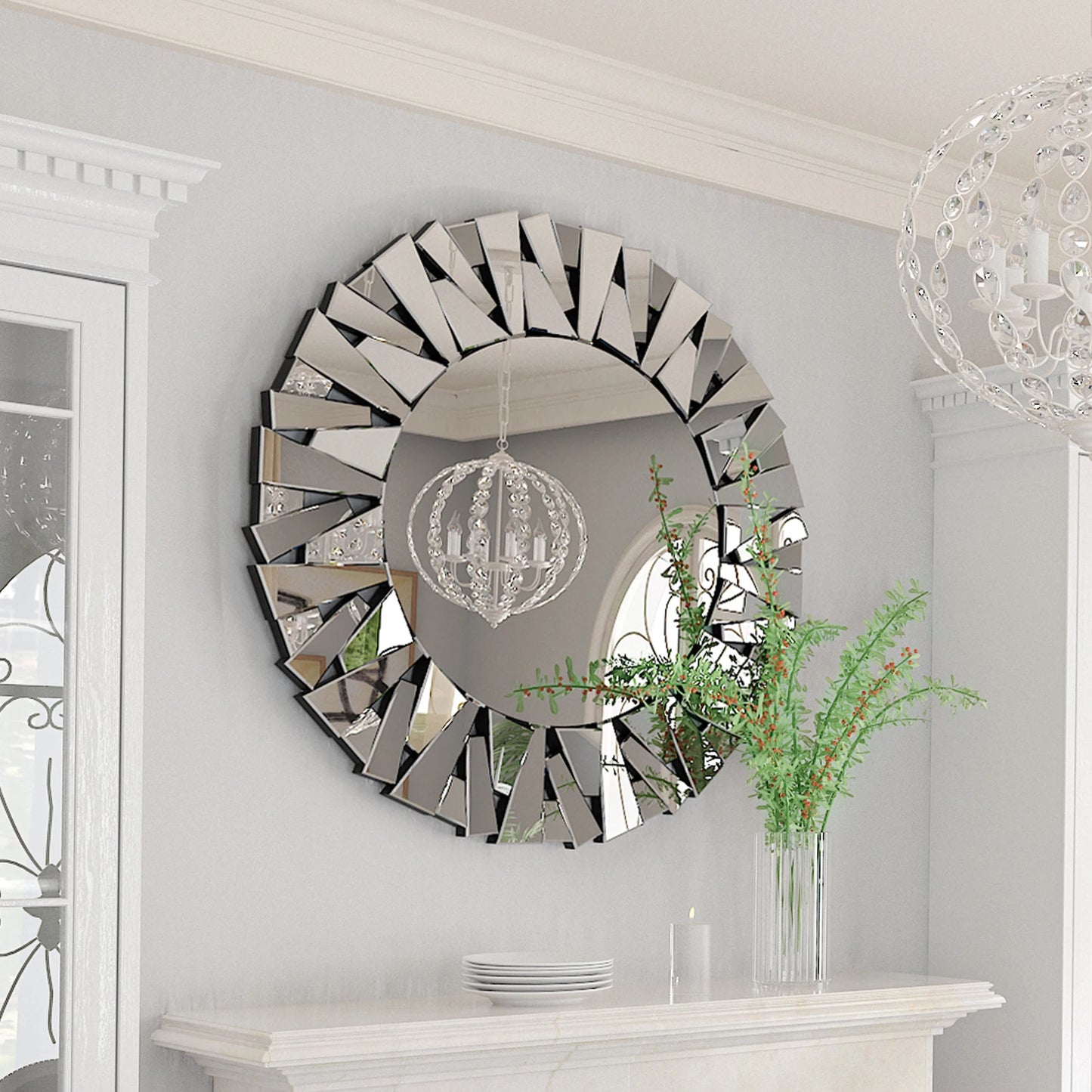 Wisfor Sunburst Round Wall Mirror Beveled Silver Glass