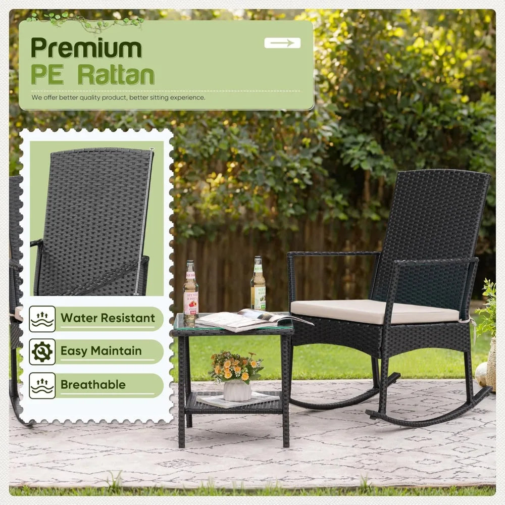 Flamaker Outdoor Rocking Chair PE Rattan With Glass Table