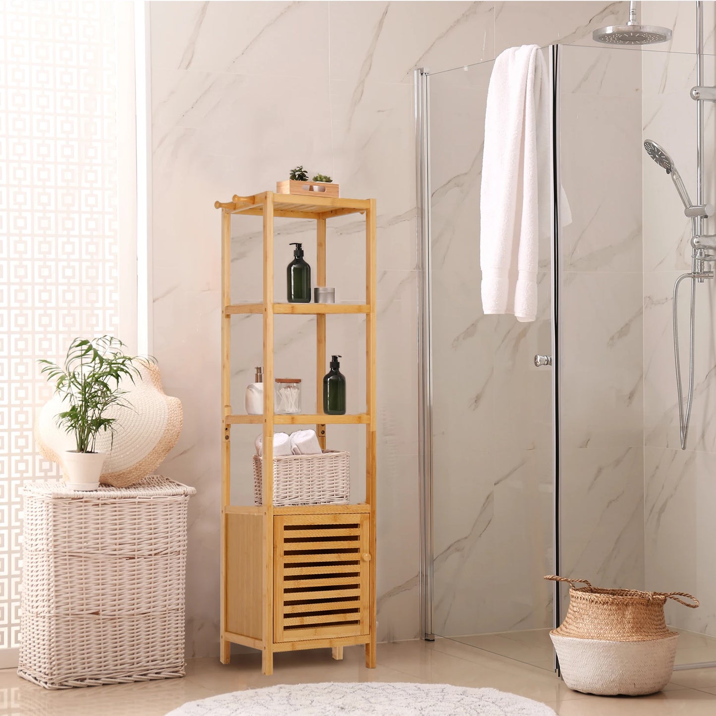 Freestanding Bamboo Bathroom Corner Rack For Slim Storage
