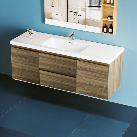 60" Floating Bathroom Vanity with Sink, Modern Wall-Mounted Bathroom Storage Vanity Cabinet with Resin Top Basin and Soft Close