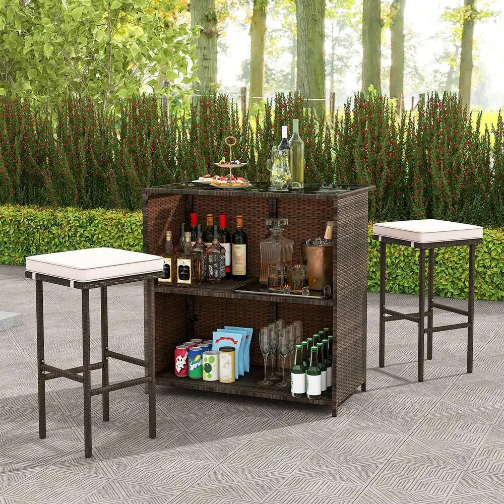 3 Piece Patio Bar Set PE Wicker Outdoor Bar Table Stools