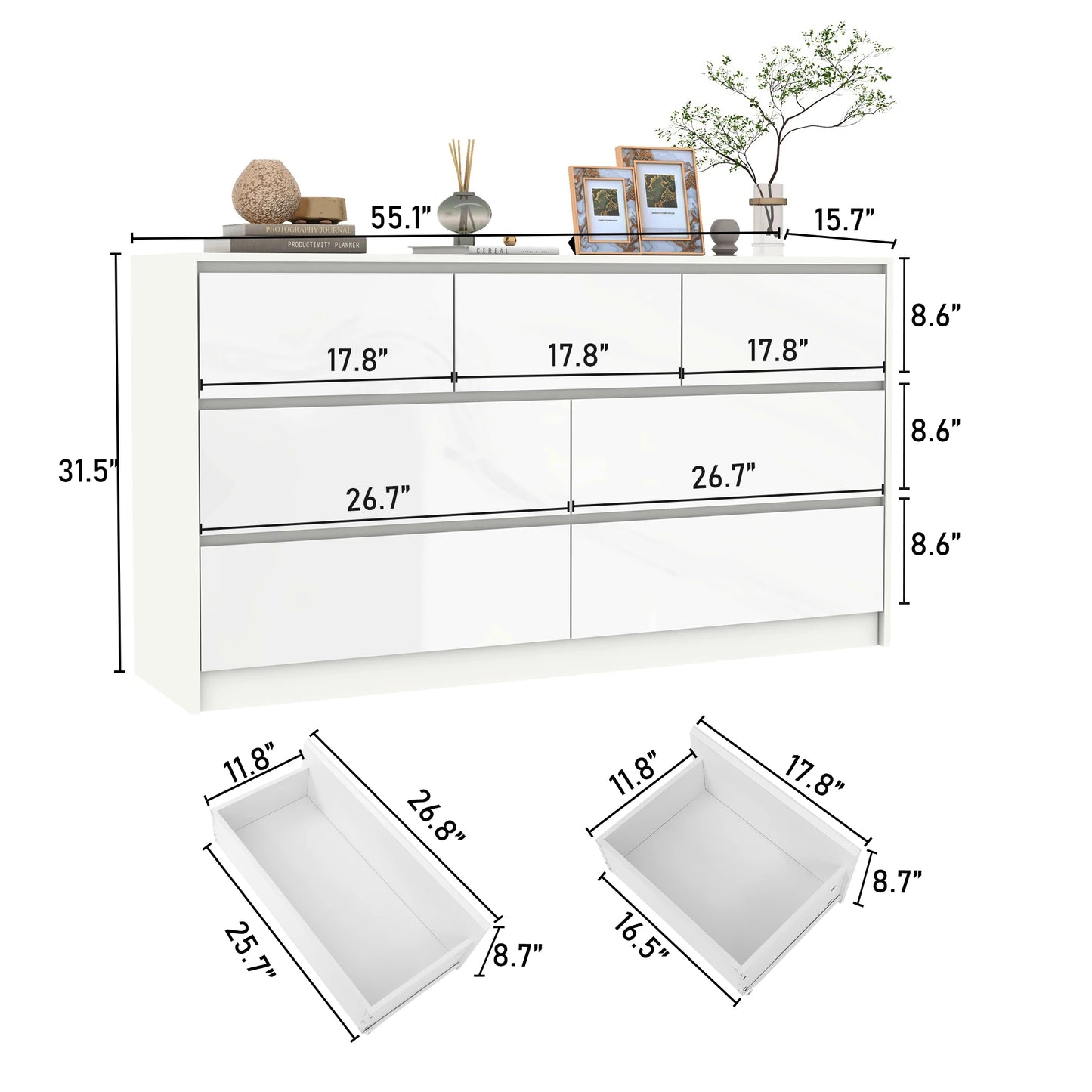 QiaoShiRen 7 Drawer Dresser For Bedroom With Modern High Gloss Fronts And Wood Chest Storage