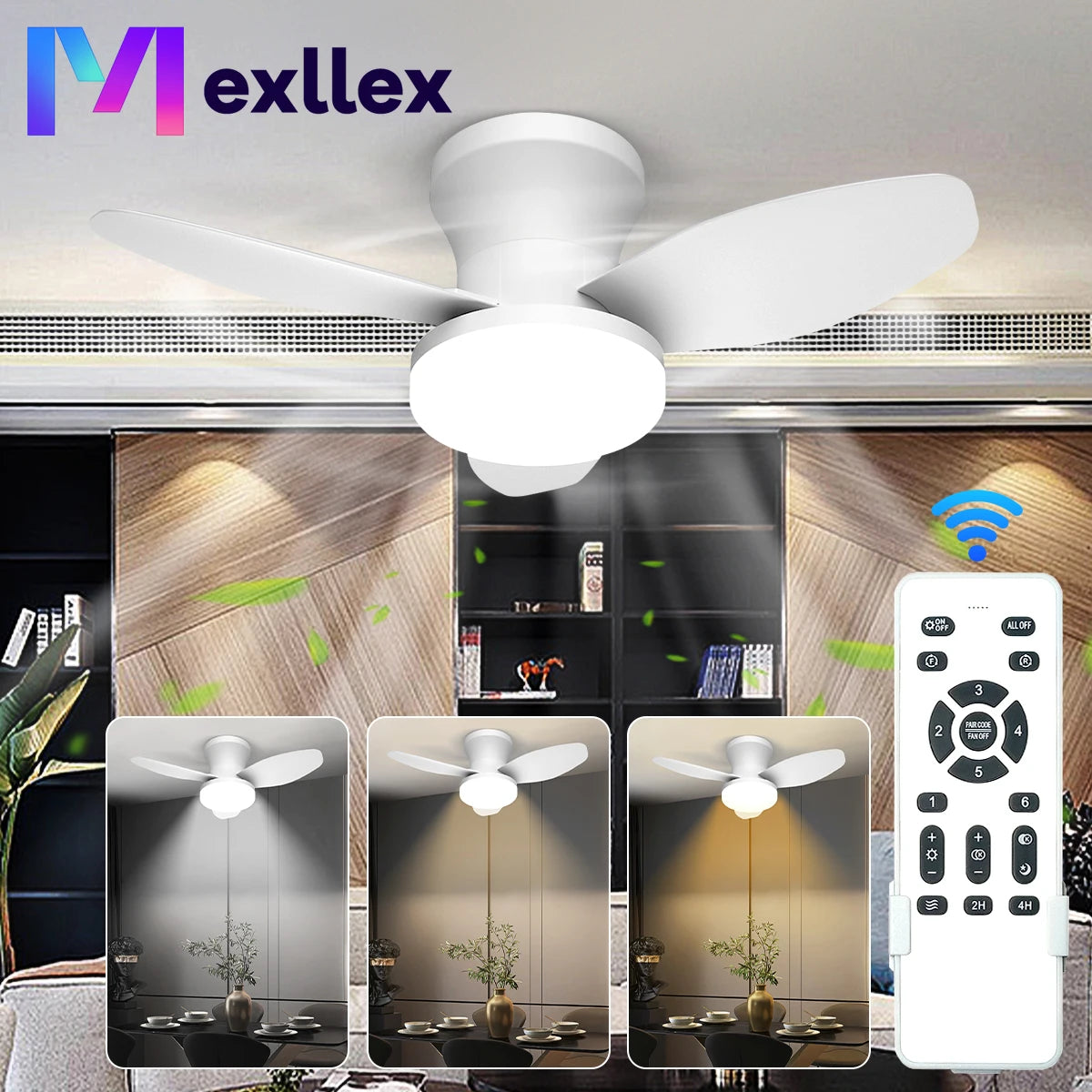 Mexllex Three Leaf Ceiling Fan With Dimmable LED And Remote
