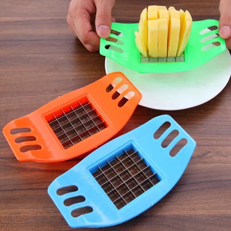 Colorful ABC Steel Potato Chip Cutter Chipper handheld gadget with stainless grid blades for quick chips.