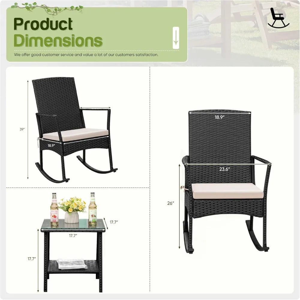 Flamaker Outdoor Rocking Chair PE Rattan With Glass Table