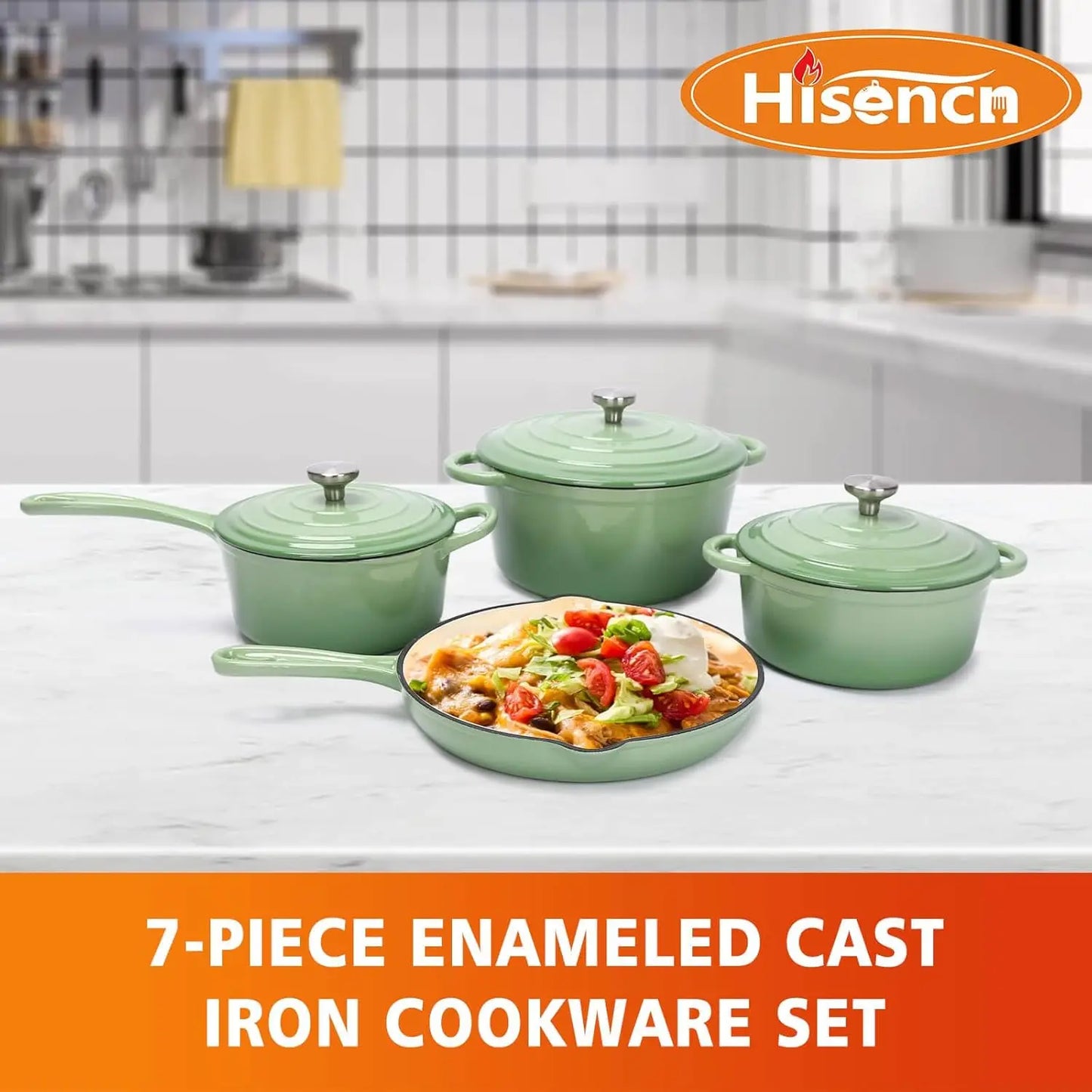 LIEI Cast Iron Cookware Set 7 Piece Enamel Dutch Oven