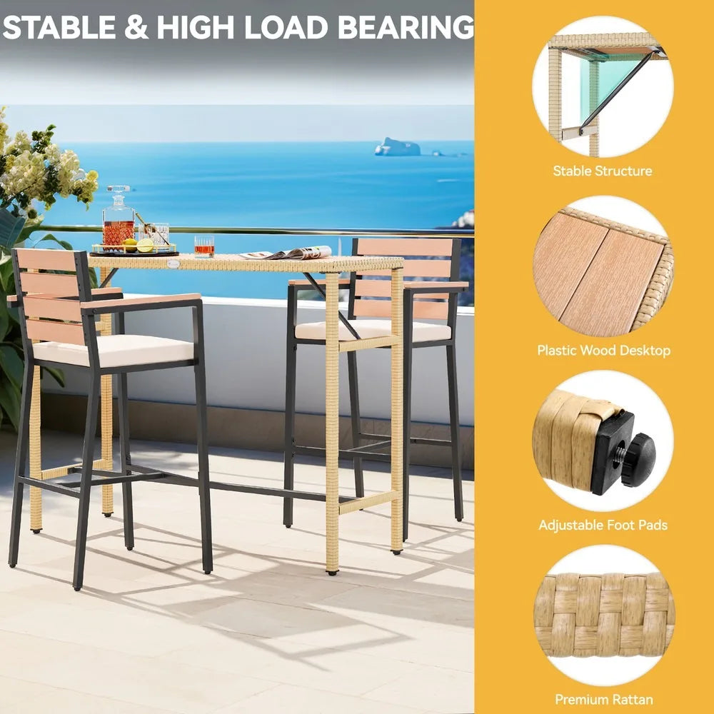 Patio Bar Table Set 3 Piece Wicker Garden Bistro Furniture