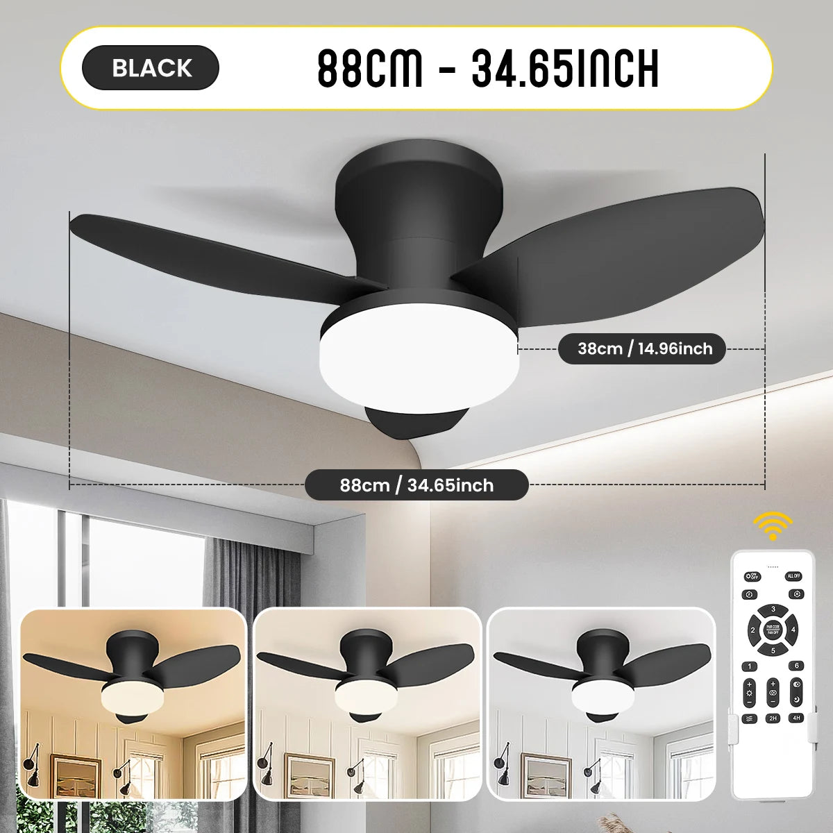 Mexllex Three Leaf Ceiling Fan With Dimmable LED And Remote