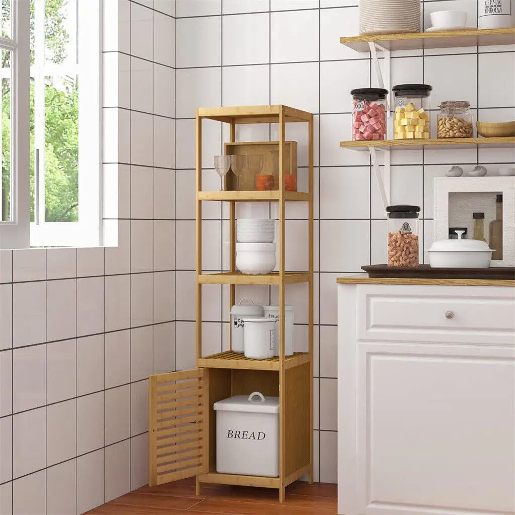 Freestanding Bamboo Bathroom Corner Rack For Slim Storage