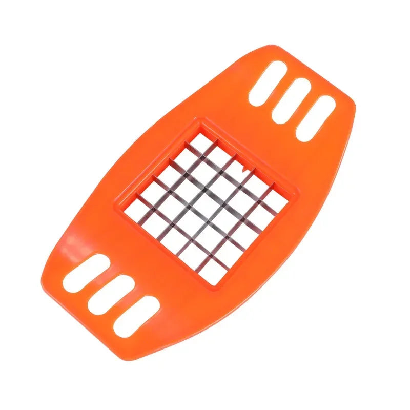 Orange handheld potato chip cutter with stainless grid blade, compact 17 x 8 x 2 cm.