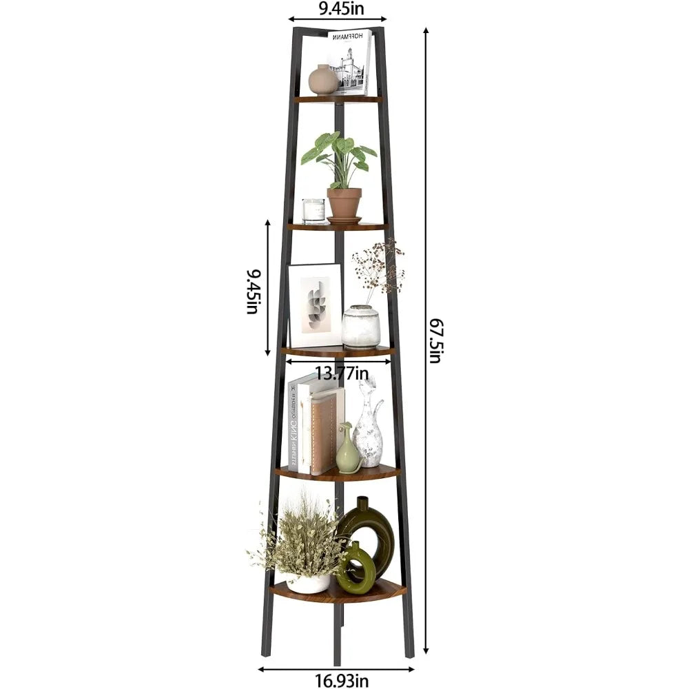 Five Tier Corner Bookshelf With LED Light Tall Steel Frame