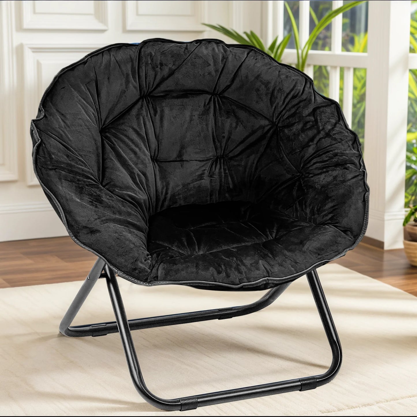Grezone Round Foldable Saucer Chair Moon Chair Metal Frame