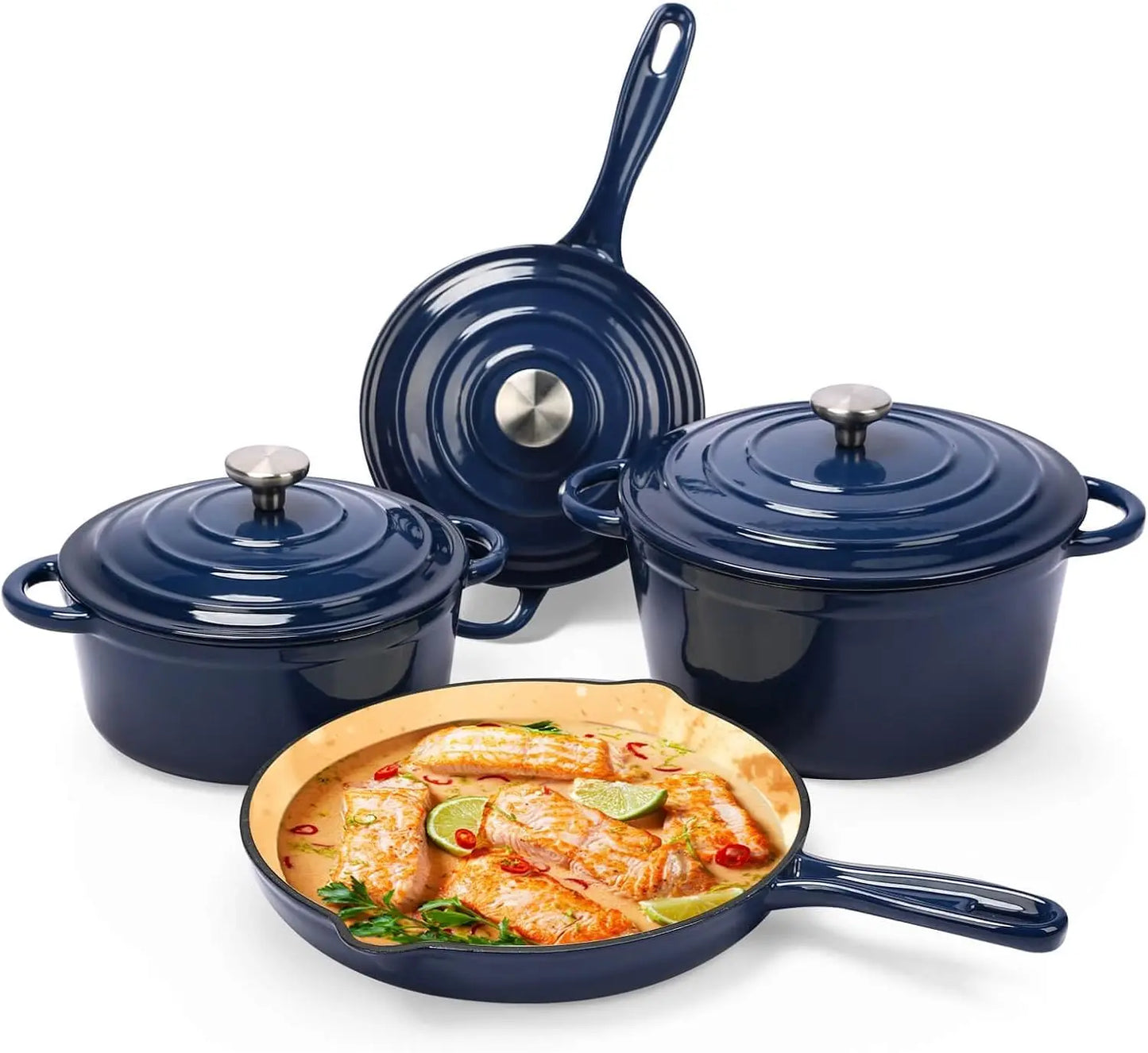 LIEI Cast Iron Cookware Set 7 Piece Enamel Dutch Oven