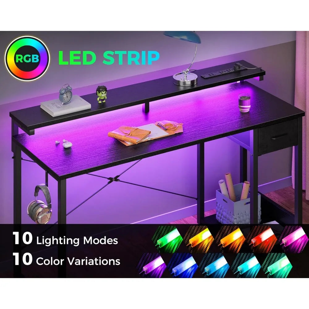 ANGDUO Gaming Desk With LED Lights And Power Outlet