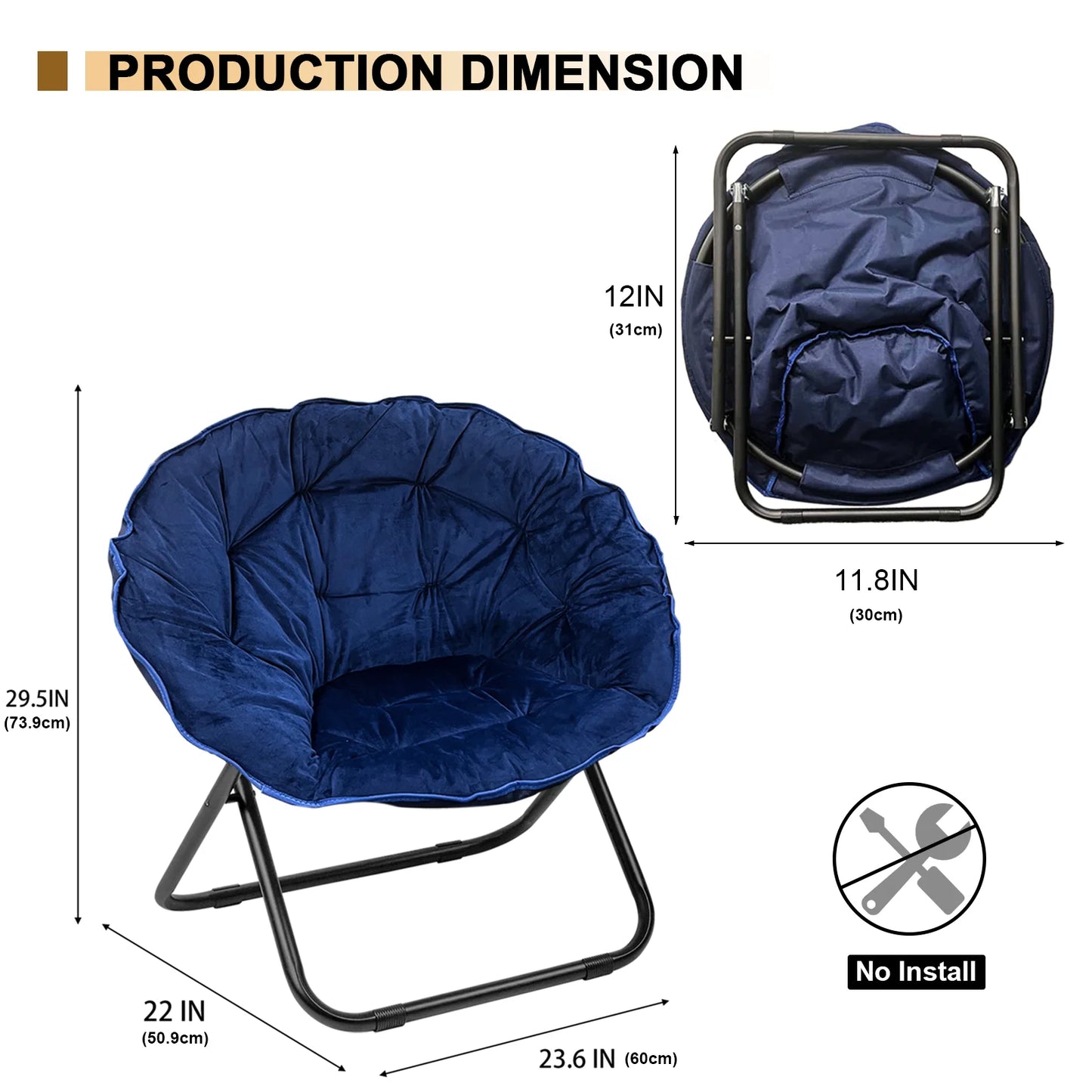 Grezone Round Foldable Saucer Chair Moon Chair Metal Frame