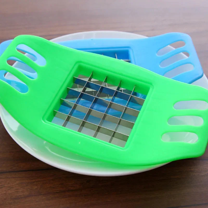 ABC Steel Potato Chip Cutter Chipper Stainless Gadget, compact green handheld slicer with grid blades on plate.