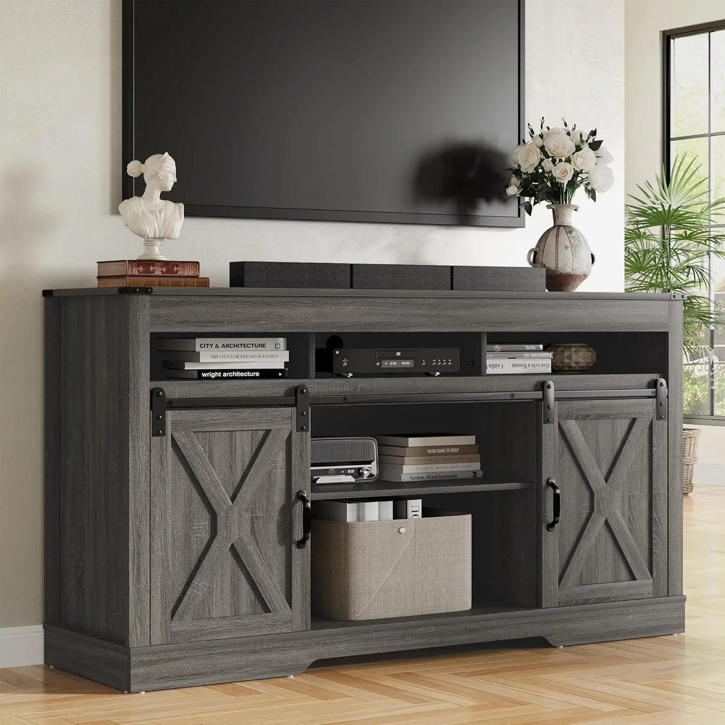 Angduo Farmhouse TV Stand With Sliding Barn Door Storage
