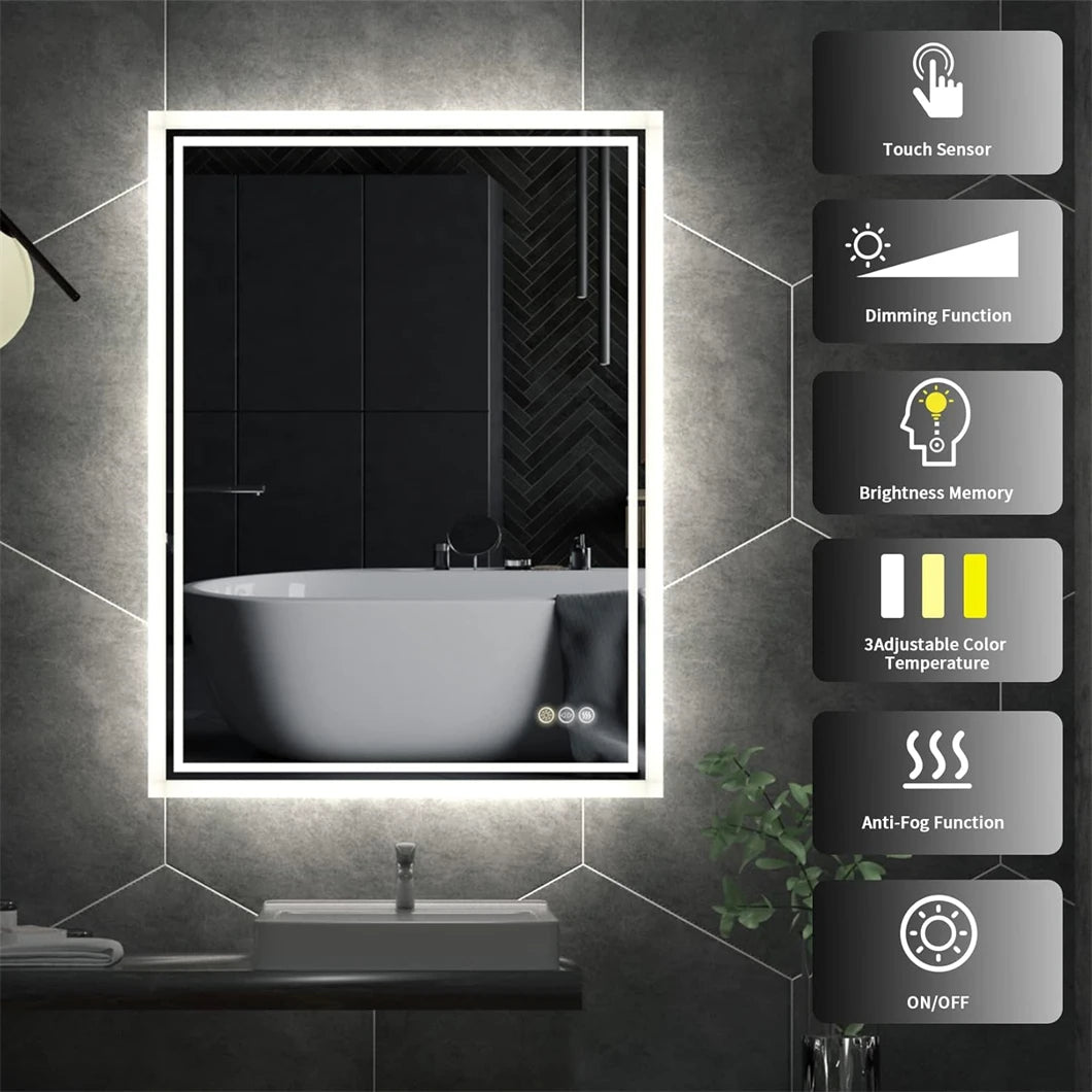 LED Bathroom Mirror 3 Size Dimmable Wall Mounted Mirror Rectangle Makeup Mirror Demist, Vertical/ Horizontal Backlit, IP65 Rated