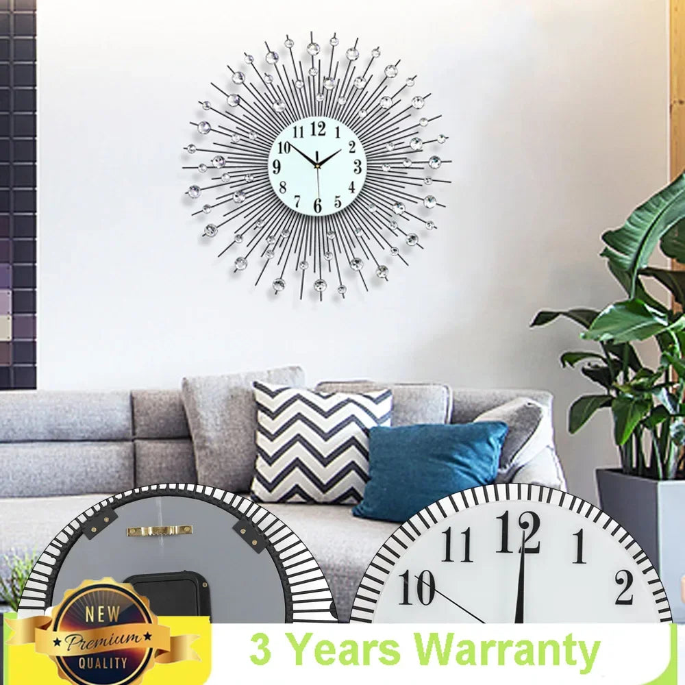 Display Sunburst Metal Wall Clock Diamond Modern Luxury