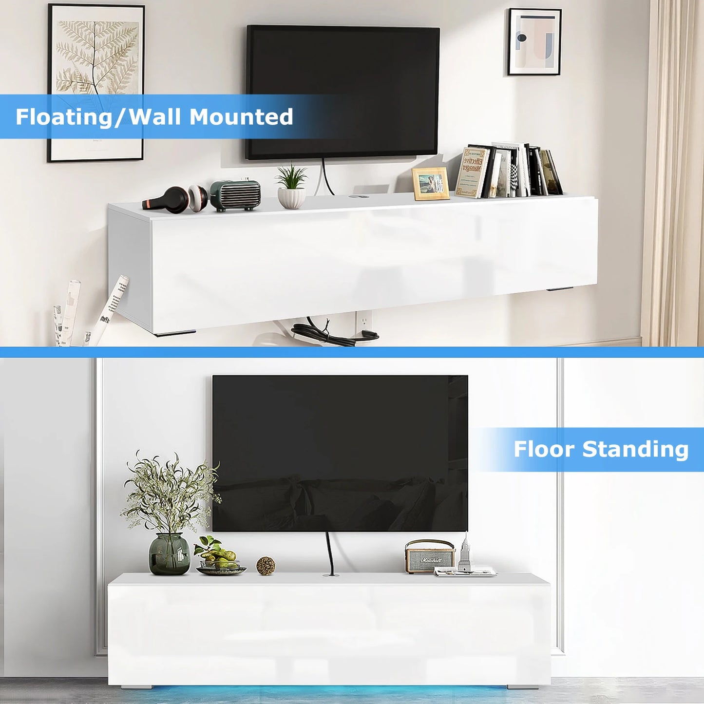 Floating Wall Mounted TV Stand With LED Lighting White