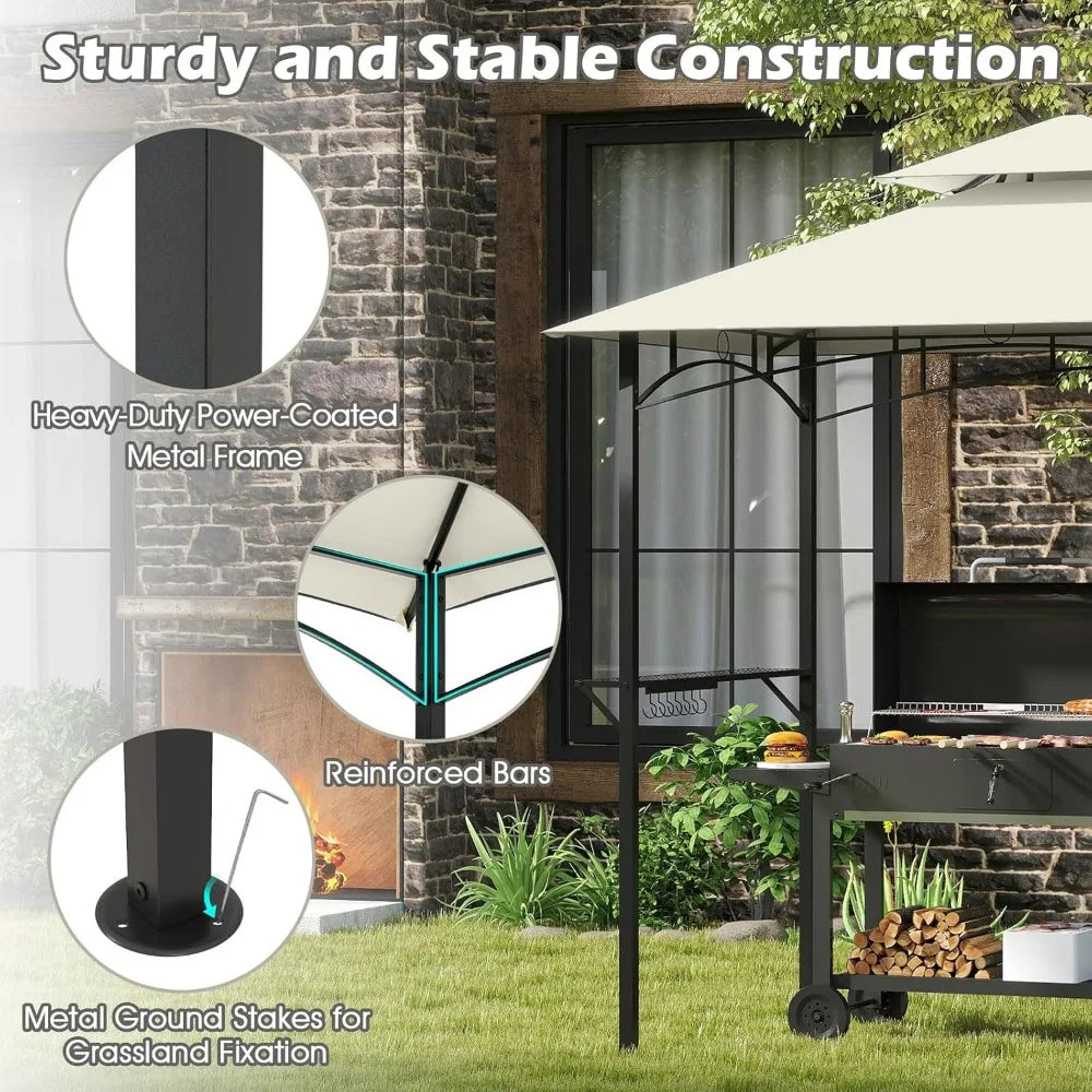 Outdoor Grill Gazebo With 2 Tier Shelves And 7 Hooks